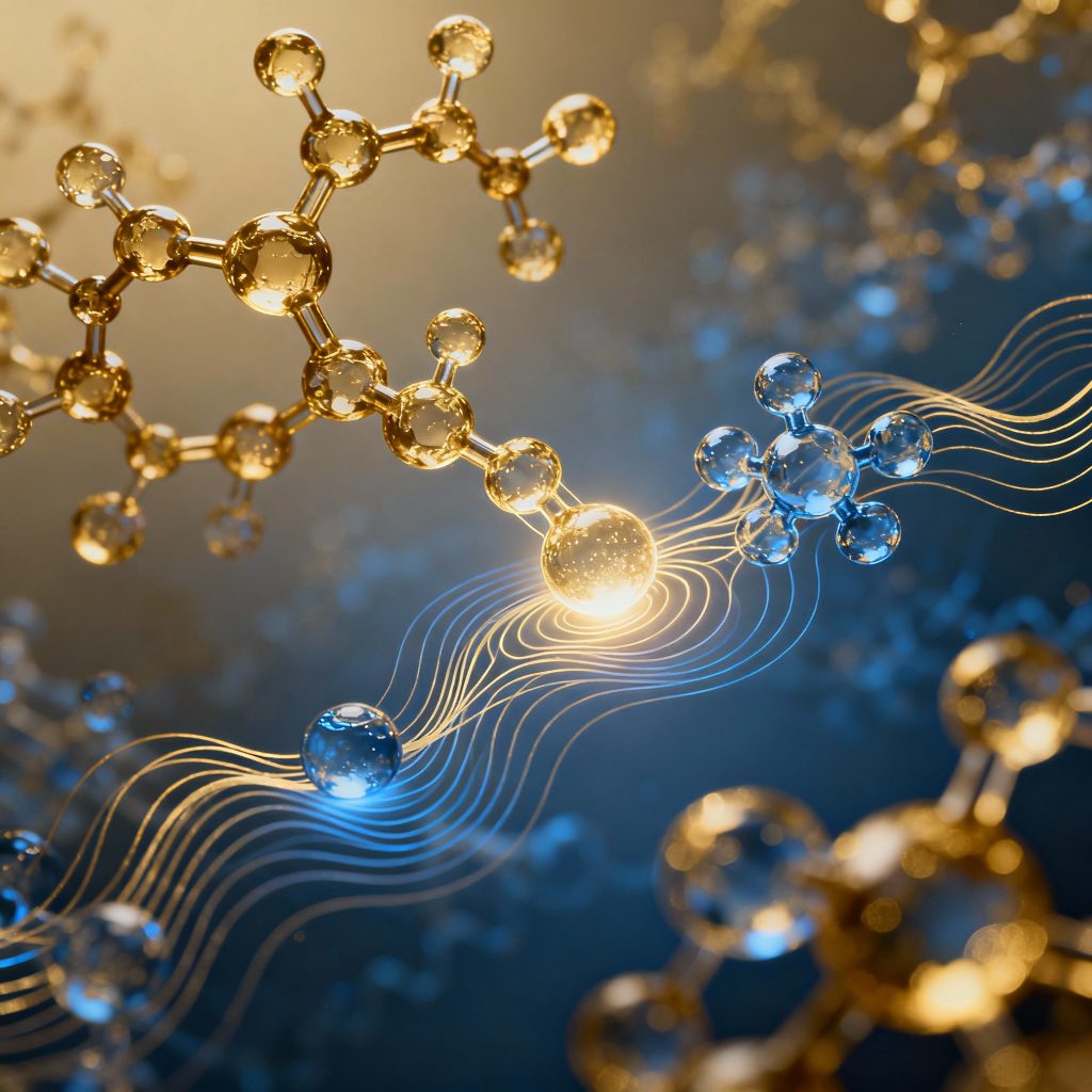 Scientific illustration of structured water and wine molecules with magnetic energy